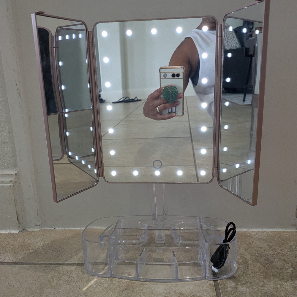 Tri-Fold Rose Gold LED Vanity Mirror with Organizer & Charger Cable